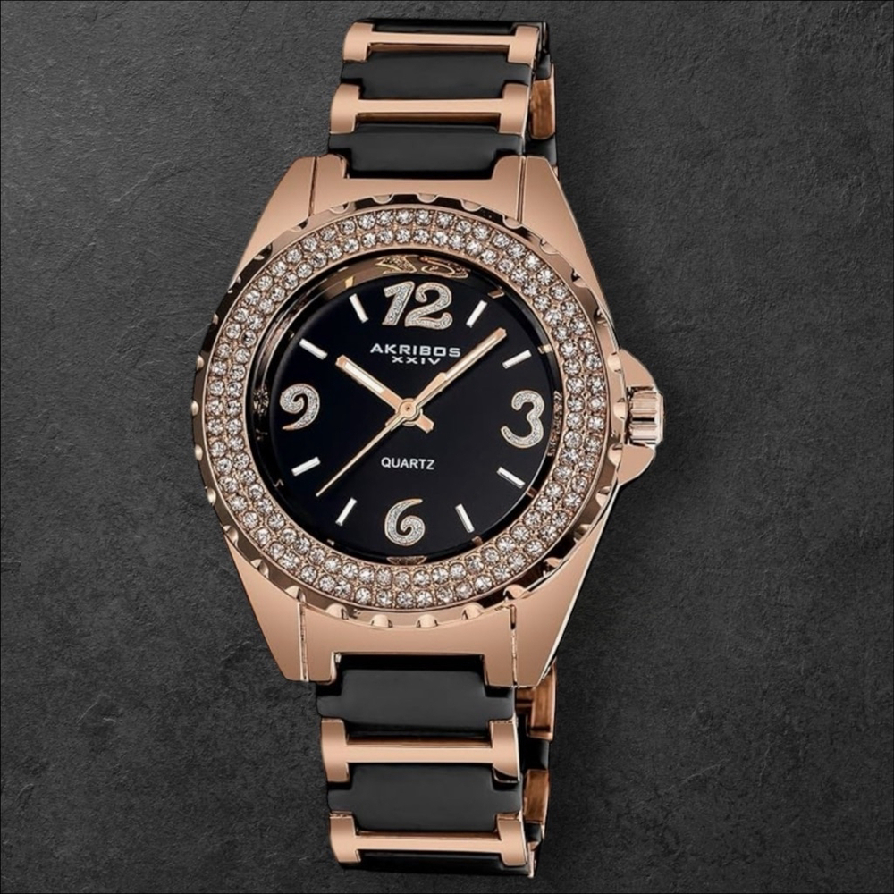 Women's Akribos XXIV Watch. Black & Rose Gold with Crystals, One Size